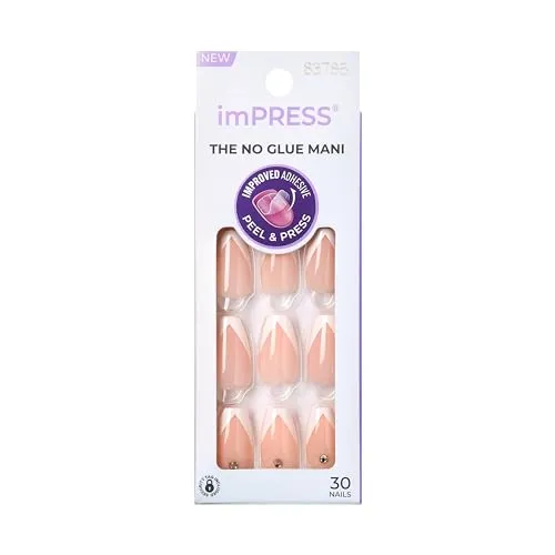 KISS imPRESS Press-On Manicure, So French, quadratisch, mittlere Länge, mit PureFit Technologie, enthält Reinigungspad, Mini Feile, Manikürstäbchen und 30 künstliche Nägel