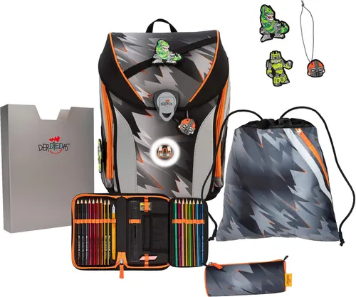 DerDieDas ErgoFlex MAX LED Schulranzenset 5-teilig Cyber Dino - Schulranzen-Set mit ergonomischer Rückseite und LED-Elementen für mehr Sicherheit, inklusive Schlampermäppchen und Sportbeutel – perfekt für kleine Abenteurer!