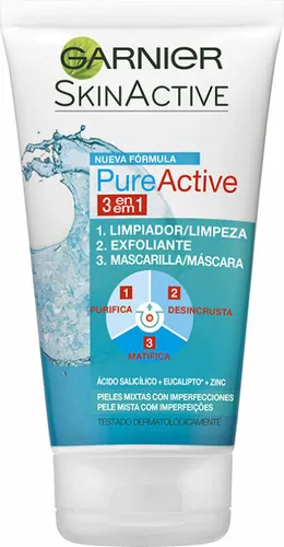 Garnier Skin Active - Pure Active 3 en 1 - Limpiador, exfoliante y mascarilla - Peeling para pieles mixtas, combate imperfecciones und reduziert Marken. Purifiziert und mattiert die Haut, ohne Parabene.