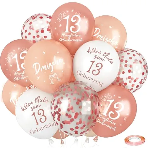 Luftballons 13. Geburtstag Deko, 24 Stück Roségold Ballons Deko 13 Jahre Geburtstags Mädchen, 13. Alles Gute zum Geburtstag Ballons, Happy 13th Birthday Balloons für Tochter Schwester Nichte Enkelin