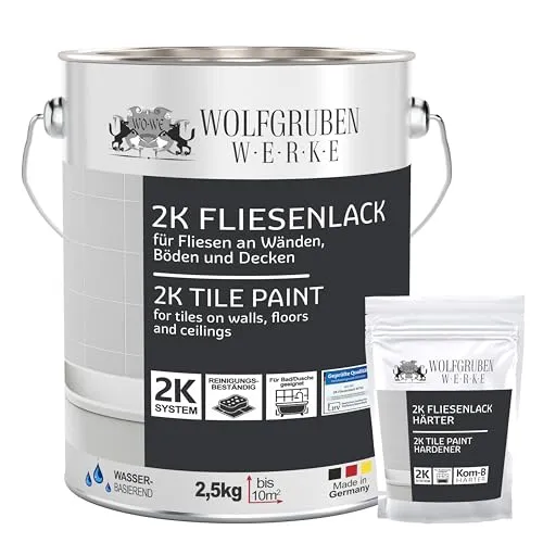 WO-WE Fliesenlack 2K Fliesenfarbe W712, Seidenglänzend - Fliesenlack für Innen und Außen, lösemittelfrei und hochdeckend. Ideal für Boden, Wand und Deckenfliesen mit hervorragender Wasserbeständigkeit und schlagfester Oberfläche.