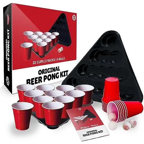 Offizielles Beer Pong Set® - Premium Qualität für ultimative Partys - Kostüme und Partyspiele - Enthält 22 rote Becher, 2 Racks und 4 Bälle für unvergessliche Beer Pong-Momente!