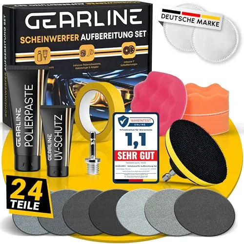 GEARLINE® Scheinwerfer Aufbereitung Set [24 Teile] - Polierset für matte & blinde Scheinwerfer - Inkl. UV-Schutz, Polierpaste, Adapter & 14 Schleifscheiben - Auto Polierset zur Aufbereitung