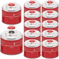 EVOCAMP Gaskartusche Butan Propan 300g - Schraubventil für Weber Q100/1200 - Gaskartuschen für Grill und Camping, 12 Stück, mit sicherem Schraubventil und robustem Edelstahl für zuverlässige Nutzung.