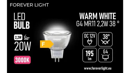 Żarówka LED G4 MR11 38 2.2W 195lm 3000K 12V szklana klasa F Foreve 5907504519777