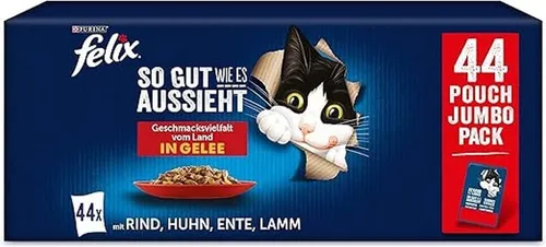 Felix Katzenfutter in Gelee vom Land Multipack 44x85g - Vielfältiges Katzenfutter in Gelee, ideal für verwöhnte Katzen. Praktisches Multipack mit 44 Portionen für abwechslungsreiche Mahlzeiten.