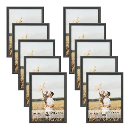 Woltu Bilderrahmen Artos für 10 Bilder, Schwarz 21x29,7 cm - Stylischer Bilderrahmen für 10 Fotos, aus robustem Massivholz gefertigt. Ideal für eine elegante Fotogalerie in Ihrem Zuhause.