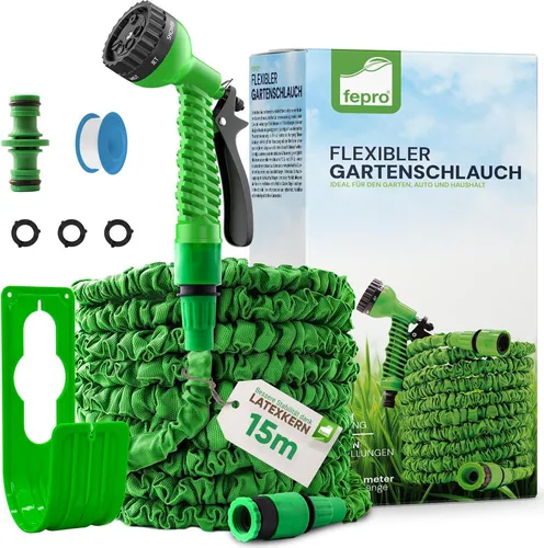 Fepro® Flexibler Gartenschlauch 15m mit 7 Funktionen – Flexibel & Praktisch - Der Fepro® Gartenschlauch (15m) überzeugt mit einem flexiblen Design, das Platz spart. Mit einer 7-funktionalen Spritzdüse und robusten Adaptern ist er ideal für vielseitige Gartenbewässerung.
