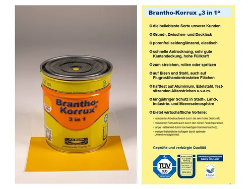 Brantho Korrux 3in1 Rostschutz Farbe RAL 1004 Goldgelb 750ml - Hochwertiger Rostschutzlack in Gelb, ideal für Metallschutz. Mit 750 ml Inhalt sorgt er für langanhaltende Qualität und zuverlässigen Schutz.