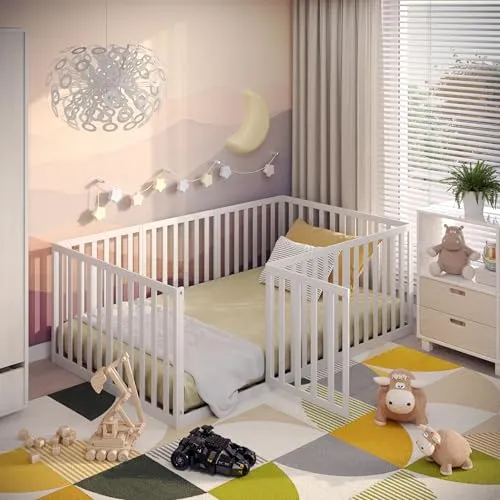 CADANI Teso Kinderbett 120x200 cm - Montessori Bodenbett mit Tür & Rausfallschutz, 6 flexible Aufbauvarianten, aus robustem Kiefer Massivholz – ideal als Laufstall und für sicheres Schlafen.
