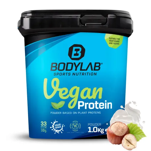 Bodylab24 Vegan Protein Haselnuss 1000g - Mehrkomponenten Proteine, 100% pflanzlich mit 80g Eiweiß pro 100g, ideal für Muskelaufbau und Diäten, laktosefrei und zuckerarm.