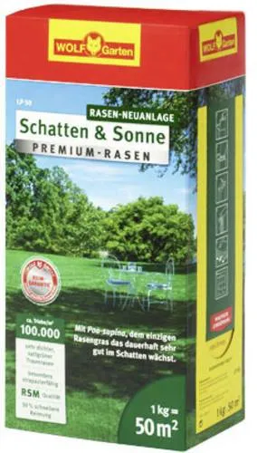 Wolf-Garten Rasensamen LP 50 Schatten und Sonne - 1kg für bis zu 50m² - Universelle Premium-Saatmischung für schattige und sonnige Standorte. Schnellkeimend für dichten Rasen und 25% Cashback beim Kauf bis 31.05.25!