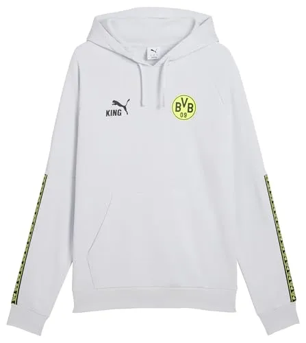 Puma BVB King Hoodie silver mist-yellow alert (03) L - Stylischer BVB King Hoodie von Puma für Herren, aus hochwertigem French Terry mit praktischem Kapuzen-Design. Ideal für Freizeit und Alltag, kombiniert er Komfort und Funktionalität.