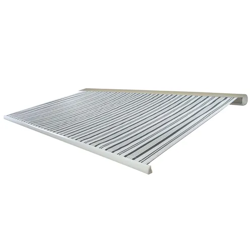 Elektrische Kassettenmarkise T124 - 5x3m Polyester Grau/Weiß - Markisen für perfekten Sonnenschutz mit UV-Schutz 80, inklusive Funkfernbedienung und manuellem Notbetrieb. Robuste Vollkassette schützt vor Witterungseinflüssen.