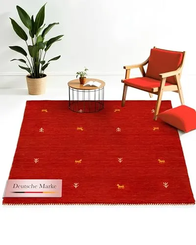 carpetfine Wollteppich Gabbeh Uni Quadratisch Rot 120x120 cm - Teppich für Wohn- und Schlafzimmer, aus 100% Wolle, langlebig und pflegeleicht, ideal für Fußbodenheizung und schafft eine gemütliche Atmosphäre.