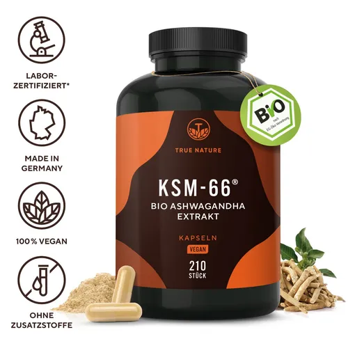 Bio Ashwagandha - KSM-66® Premiumrohstoff - 210 Kapseln - Ashwagandha Kapseln mit 600mg Tagesdosis, hochdosiert und vegan, hergestellt in Deutschland für höchste Reinheit und Wirksamkeit.