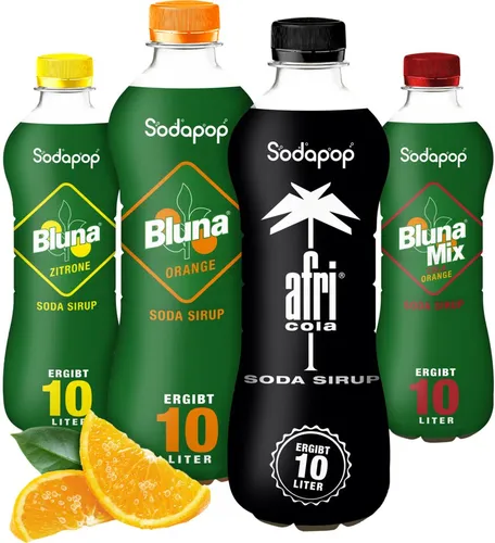 Sodapop Trinkflasche BLUNA & AFRI Sirup 4er Set (je eine Flasche), Immer verdünnen!