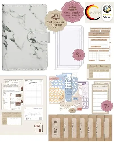 BeginnerBudget® Budget Planner Deutsch - Starterset mit Sparchallenge Budgetplaner - Sparen mit Umschlagmethode + Anleitung - Ringbuch A6 - Binder A6 Marmor-Style (Weiß)