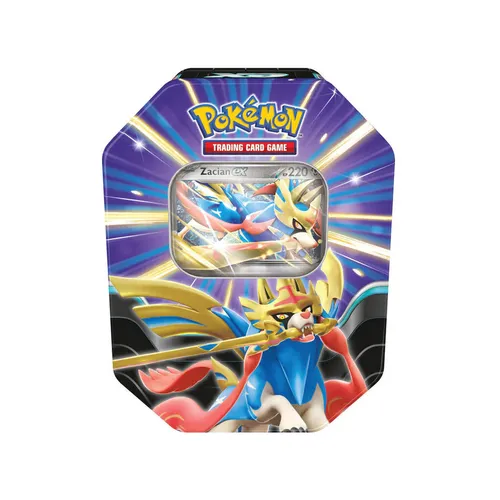 Pokémon Schlagkräftige Legenden Tin Box Zacian ex - Holografische Promokarte - Sammelkarten-Set mit 1 holografischer Zacian-ex Karte und 4 Boosterpacks. Ideal zum Erweitern deiner Sammlung und für spannende Duelle. Perfekt für Pokémon-Fans ab 6 Jahren!