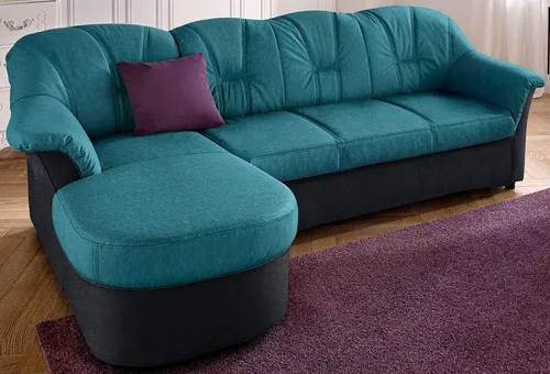 DOMO collection Ecksofa Flores Schlafsofa - Ecksofa in L-Form, wahlweise mit Bettfunktion und Federkern, ideal für Übernachtungsgäste. Zeitloses Design mit runden Formen und attraktiven Ziernähten.