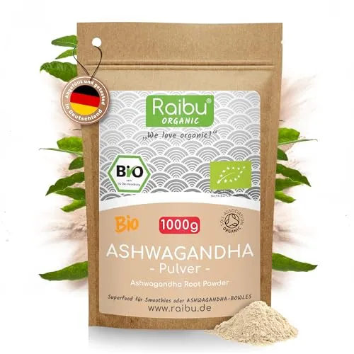 Raibu Bio Ashwagandha Pulver 1000g – 100% reines Ashwagandha Wurzelpulver - 🌿 100% reines Bio Ashwagandha Pulver aus kontrolliert biologischem Anbau. Frei von Zusatzstoffen, vegan und laktosefrei. Ideal zum Verfeinern von Getränken und Speisen – für eine natürliche Ergänzung in deiner Ernährung.