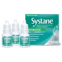 Systane Hydration Benetzungstropfen 3X10 ml - Augentropfen für Kontaktlinsenträger - Zubehör für Kontaktlinsen, sorgt für langanhaltende Feuchtigkeit und Linderung bei trockenen Augen, rezeptfrei erhältlich.