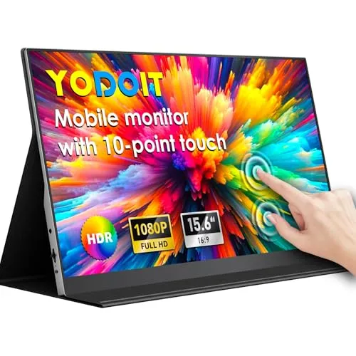 Yodoit Portable Monitor mit Touchscreen, 15,6 Zoll 1920 × 1080P FHD, 10-Punkt-Touch-IPS Tragbares Display, USB-C und HDMI, integrierte Lautsprecher und Smart Cover, für Laptop/PC/PS3/4/5/Xbox