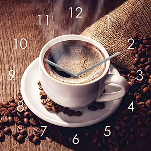 Kaffee Wanduhr Glas 20x20cm - Perfekte Küchendeko - Wanduhren für die Küche mit stilvollem Kaffee-Motiv, bereits montiert mit integriertem Uhrwerk. Ideal für Kaffeeliebhaber und als Blickfang in Ihrem Café oder Zuhause.