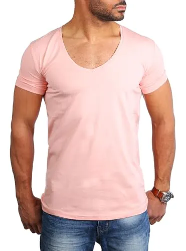 Young & Rich Herren Uni T-Shirt Basic mit extra tiefem V-Ausschnitt Slimfit deep V-Neck Stretch dehnbar 1315, Grösse:S, Farbe:Rosa