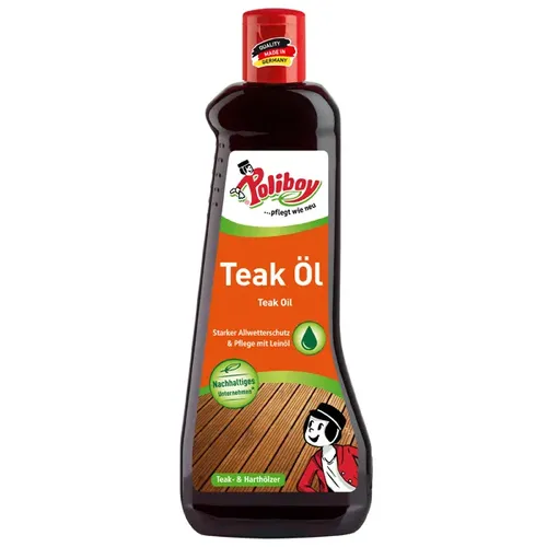 Poliboy Teak-Öl dunkel 500 ml - Holzpflegeöl für dunkle Teak- und Harthölzer, reinigt und schützt effektiv, sorgt für intensive Farbauffrischung und verlängert die Lebensdauer Ihrer Möbel im Innen- und Außenbereich.