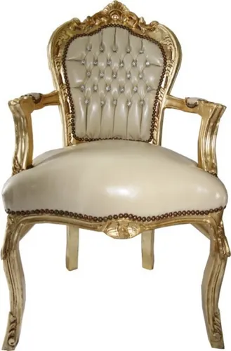 Casa Padrino Barock Esszimmer Stuhl mit Armlehnen - Eleganz für Ihr Zuhause - Luxuriöser Esszimmerstuhl in Creme Lederoptik mit goldenen Akzenten, perfekt für stilvolle Essbereiche.