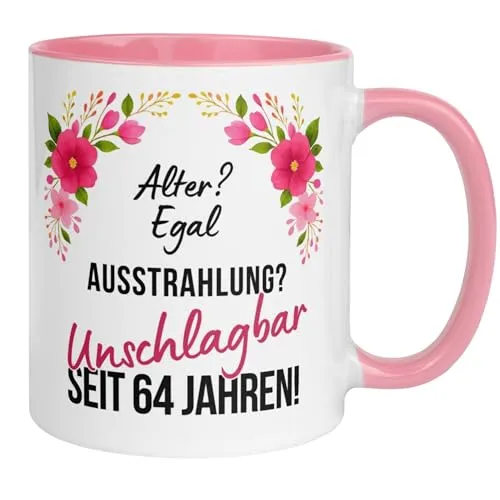 Geburtstag Frauen Geschenk Tasse | Alter? Egal. Ausstrahlung? Unschlagbar seit 64 Jahren! | Lustige Geschenk Geburtstagstasse Spruch 64. Geburtstag | 64ter Geburtstag - Geburtstagsgeschenk Frau 64