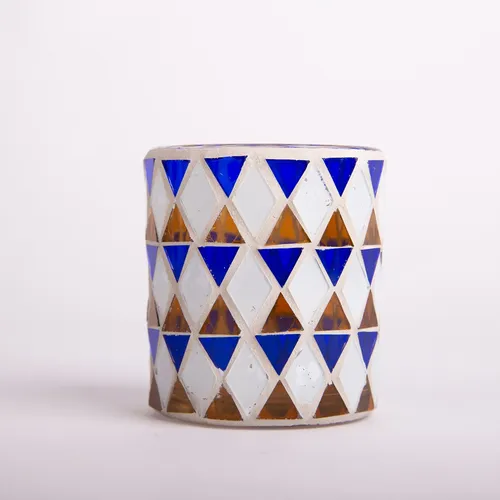 INNA-Glas Teelichtglas Samira, Mosaik Muster, blau - weiß, 7x7x8cm