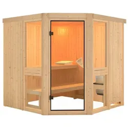 Karibu Sauna Saunakabine Amelia 2 Elementsauna 196x196cm - Hochwertige Trockensauna mit vormontierten Elementen, ideal für Ihr Zuhause. Genießen Sie entspannende Momente in der geräumigen 4,2 m² Sauna aus nordischer Fichte.