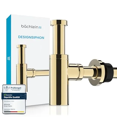 Bächlein Siphon - Eleganter Waschbeckenablauf in Gold - Hochwertiger Siphon mit innovativer Reinigungsöffnung, ideal für jedes Bad. Universell einsetzbar und kürzbar, aus langlebigem 304 Edelstahl und Messing.