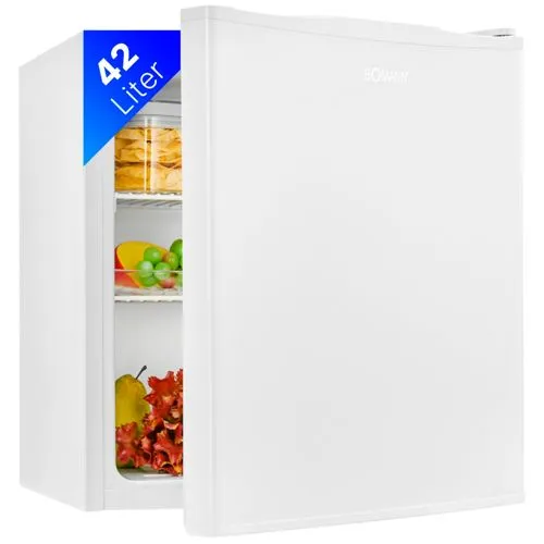 Bomann KB 7346 Mini-Kühlschrank - 42L, 2 Gitterablagen, weiß - Mini-Kühlschrank ohne Gefrierfach mit 42L, ideal für Büro und Camping. Kompakt und energieeffizient, bietet er praktischen Stauraum für Snacks und Getränke.