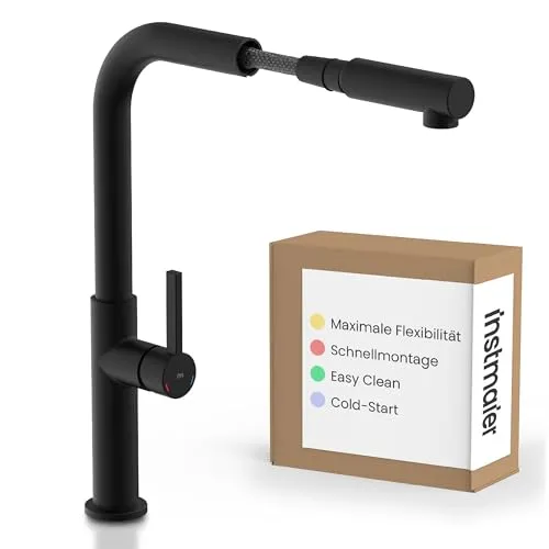instmaier Cassia Küchenarmatur | herausziehbarer Auslauf | schwarz matt | 360° schwenkbar - Praktische Küchenarmatur mit ausziehbarem Auslauf für optimale Flexibilität beim Spülen. Dank Cold-Start-Technologie sparst du Energie. Stilvolles Design in Schwarz matt, passend für jede Kücheneinrichtung.