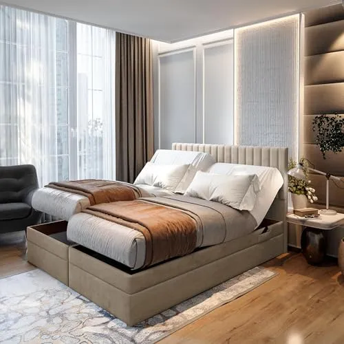 TRADA Adele Boxspringbett 140x200 Elektrisch verstellbar - Boxspringbett mit elektrisch verstellbarem Rahmen und 9-Zonen-Taschenfederkernmatratze für optimalen Schlafkomfort. Inklusive zwei praktischen Bettkästen für zusätzlichen Stauraum.