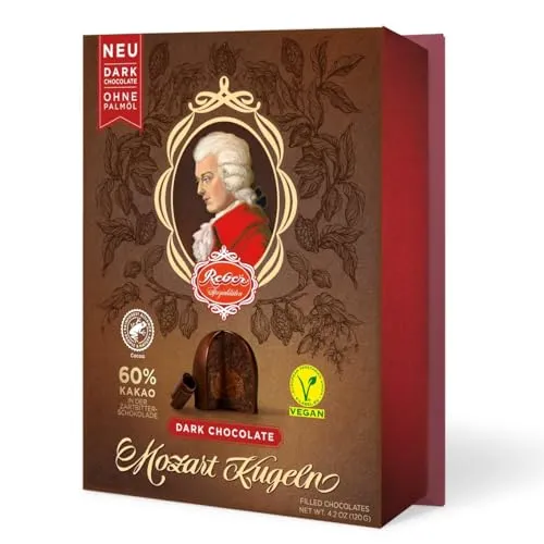 Reber Mozart-Kugeln Dark Chocolate, 6er Packung - Praline mit veganer Zartbitterschokolade (mind. 60% Kakao) und hochwertigem Marzipan, ideal für anspruchsvolle Schokoladen-Liebhaber. Nachhaltige Produktion mit Rainforest Alliance-zertifiziertem Kakao.