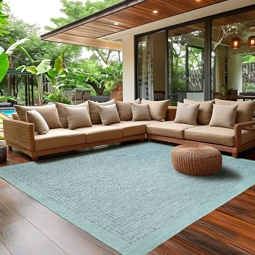 Outdoor Teppich Wetterfest für Terrasse und Balkon - Waschbarer Flachgewebe Teppich im Sisal-Look - Blau - Gestalten Sie Ihren Außenbereich stilvoll mit unserem wetterfesten Outdoor-Teppich im Sisal-Look. Pflegeleicht, waschbar und ideal für Terrassen und Balkone – für jeden Anlass die perfekte Wahl.