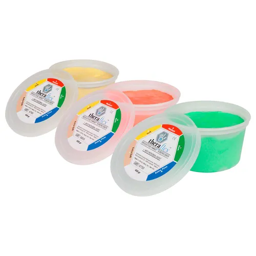 Theraflex Therapieknetmasse-Set 450 g, 3 Stärken - Theraflex Therapieknetmasse 450 g, 3 Stärken, 3er-Set. Ideal für kreative Spiele und zur Förderung von motorischen Fähigkeiten. Härtet nicht aus, ist hypoallergen und hinterlässt keine Rückstände – perfekt für kleine und große Hände.