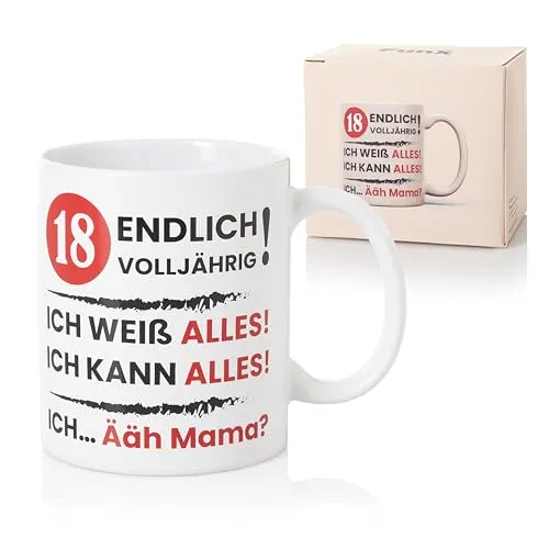 FunX Tasse 18 Endlich Volljährig - Kaffeetasse mit Spruch als lustiges Geschenk zum 18. Geburtstag für Mädchen und Jungen