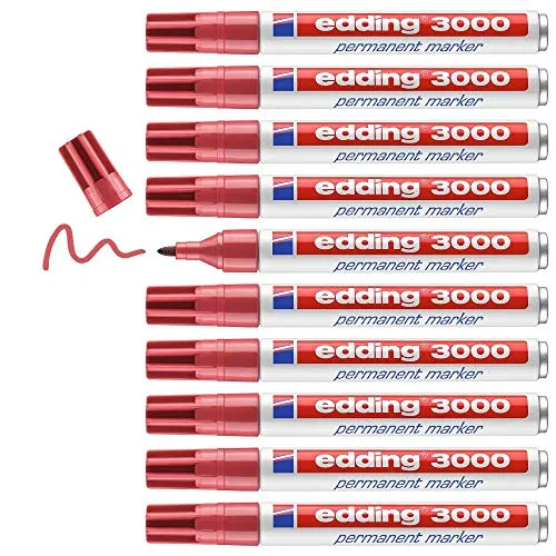 edding 3000 Permanentmarker - Karmin-Rot, 10 Stifte - Vielseitiger Permanentmarker für Karton, Holz, Metall & mehr. Schnelltrocknend, wasserfest und wischfest für präzise Markierungen. Ideal für Büro und Zuhause!