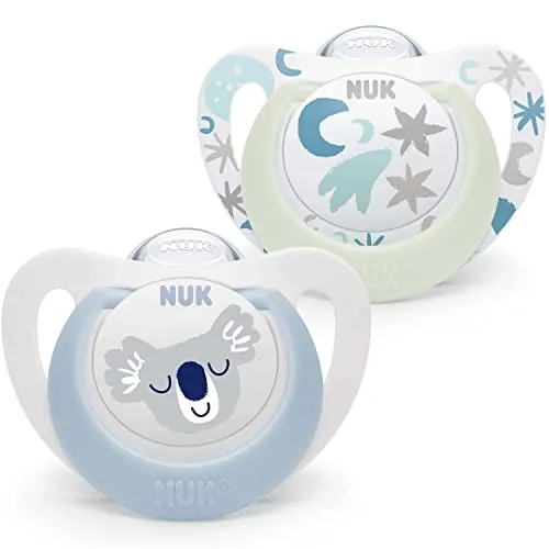 NUK Star Babyschnuller | 0–6 Monate | Day & Night Schnuller | BPA-freies Silikon | Blue Koala | 2-teilig