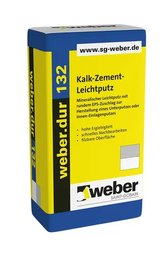 weber.dur 132 Kalk-Zement-Leichtputz 30kg - Fugenabdichtungen, mineralischer Leichtputz mit optimaler Anpassung an wärmedämmendes Mauerwerk, ideal für Innen- und Außenanwendungen.