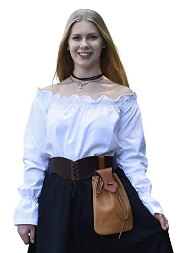 Battle-Merchant Mittelalter Langarm Carmenbluse aus Baumwolle für Damen | schulterfreie langärmlige Boho Bluse S-XXL | Halloween Karneval Kostüm (Weiß, XL)
