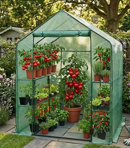 BruKa Gewächshaus GREENHOUSE XL - Foliengewächshaus für Tomaten - Robustes Gewächshaus mit doppelstöckigen Regalen für optimale Pflanzenpflege, schnellem Auf- und Abbau dank Flex-Stecksystem und UV-beständiger Folie für besten Witterungsschutz.