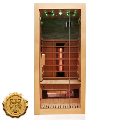 Infrarotkabine MILTON - Vollspektrum Hemlock Sauna für 1 Person - Saunen & Infrarot-Wärmekabinen: Genießen Sie entspannende Wärme mit der energiesparenden Infrarotsauna aus kanadischer Hemlocktanne, ausgestattet mit Bluetooth und LED Farblichttherapie.