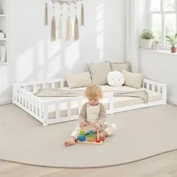 Homestyle4u Kinderbett Weiß mit Rausfallschutz 120x200 cm - Montessori Bodenbett aus robustem Kiefernholz, ideal für kleine Abenteurer. Mit umlaufendem Rausfallschutz und Lattenrost für sicheren Schlafkomfort.