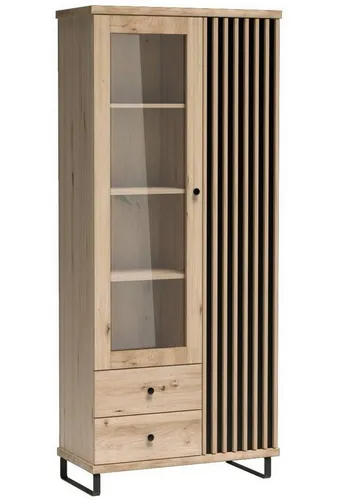 Stauraumvitrine CALI 02 N - Modern und Praktisch - Zweitüriger Vitrinenschrank mit 2 Schubladen und 9 Regalfächern. Ideal für stilvolle Aufbewahrung im Schlafzimmer. Hochwertige Glasfront und modernes Design in Eiche artisan und Schwarz.